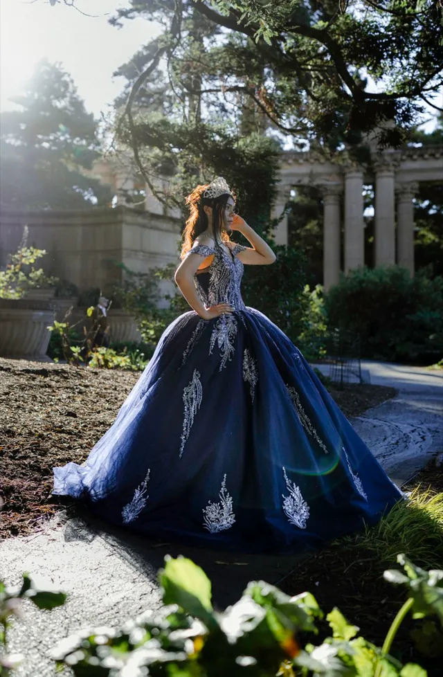 Quinceañera in a navy ball gown and tiara, in profile beneath sunlit trees.